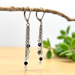 Freshwater Pearl Black & AB Crystals Silvertone Chain Hearts Earrings Lever Back